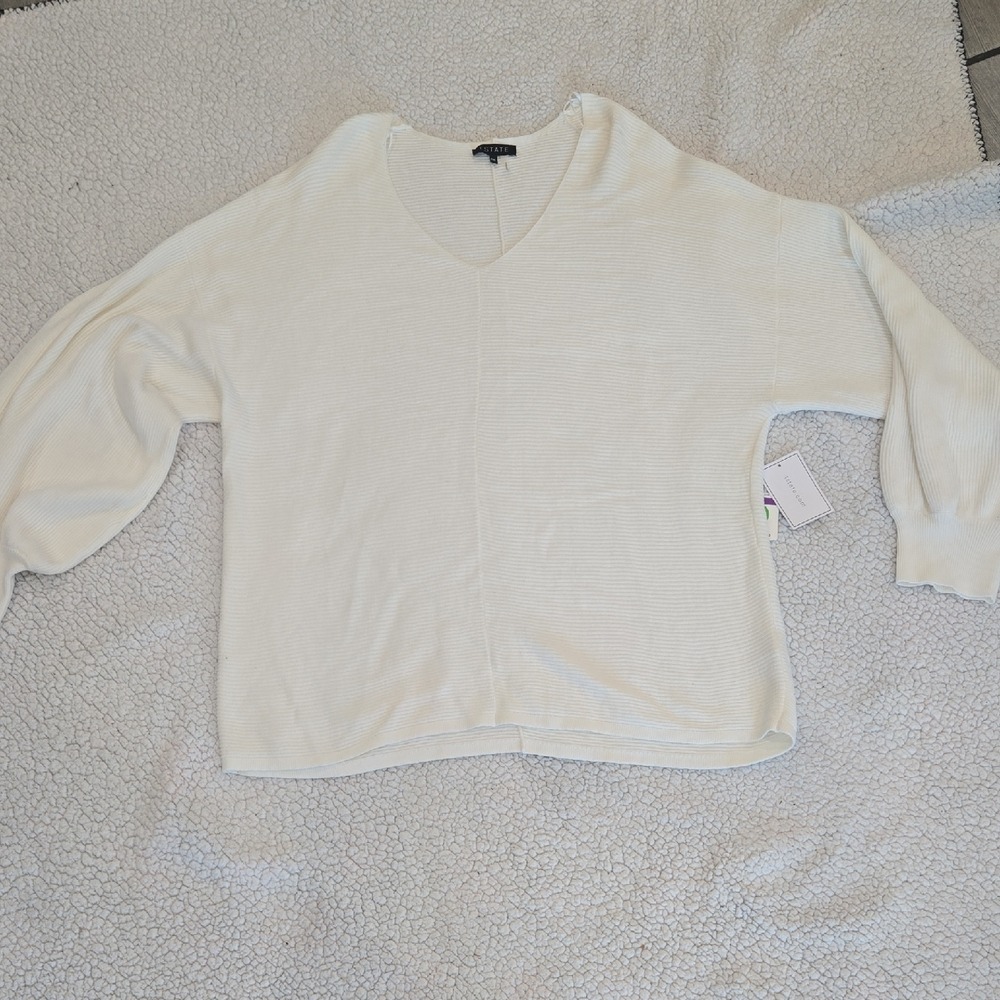 NWT 1.STATE Womens Ribbed V-Neck Balloon Sleeve Sweater Antique White XXL